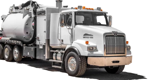 A Tri State Hydrovac vacuum truck in profile