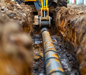 A narrow trench opened along a pipeline run with an excavator working at the far end