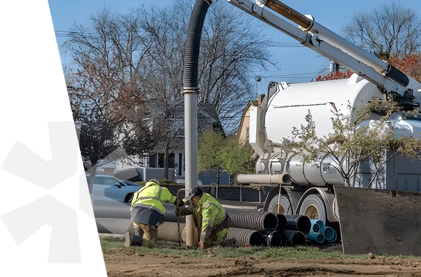 A Tri State Hydrovac crew guiding a vacuum hose beside stacked drainage pipe on a residential street, with the truck's boom extended overhead